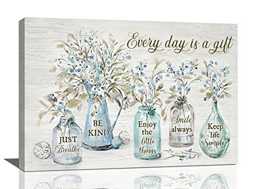 Shuweienphant Rustic Farmhouse Bathroom Wall Art Flower Pictures Decor Inspirational Quotes Canvas Painting Print Every Day Is a Gift Artwork Modern Home Framed for Living room Bedroom 16''X24''