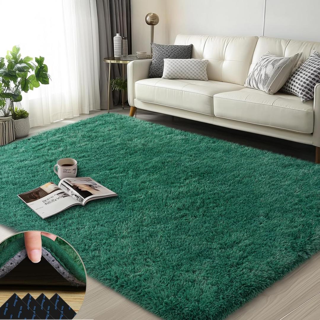 3x5 Rugs for Bedroom, Fluffy Dark Green Area Rugs for Living Room, Soft Shag Kids Rug Small Carpet with 4 Non-Slip Rug Pads (3ft x 5ft, Dark Green)