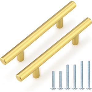 Probrico 5 Pack 4 Inch Center-to-Center Kitchen Cabinet Pulls T Bar Gold Cabinet Handles Modern Drawer Hardware Dresser Pulls, 6-4/5 Inch Total Length