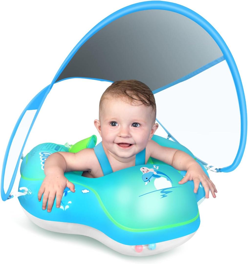 LAYCOL Baby Swimming Float Inflatable Baby Pool Float Ring with Sun Protection Canopy,add Tail no flip Over for Age of 3-36 Months (Small, Blue)