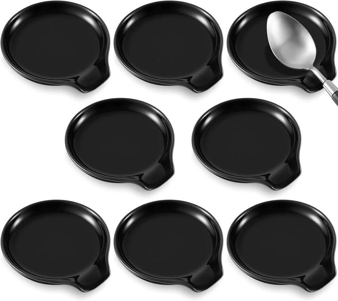 Irenare 8 Pcs Ceramic Spoon Rest for Stove Top 3.74 x 3.54 Inch Porcelain Spoon Holder Utensil Rest Dishwasher Safe Cradle for Home Kitchen Accessories (Black)