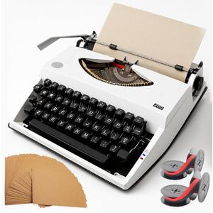 White Retro-Style Manual Typewriter, Mechanical Keys Typing Machine with Carrying Case, Includes 2 Ink Ribbons and 100 Kraft Paper Sheets, Collectible Desk Decor