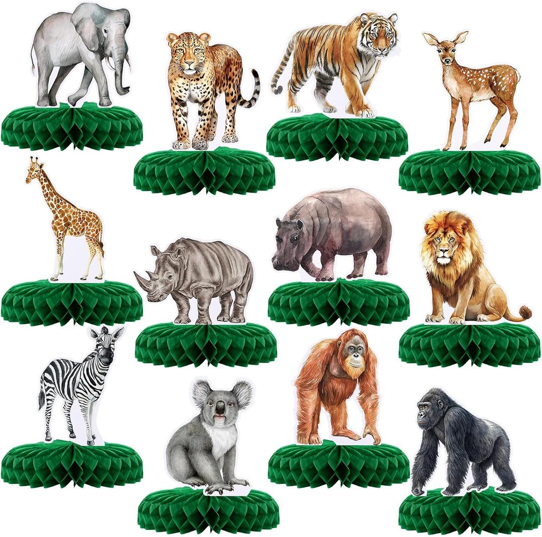 Yeaqee 12 Pcs Jungle Animals Honeycomb Centerpieces Safari Themed Birthday Party Supplies Wild Animals Jungle Party Decorations Baby Shower Table Decorations Centerpieces (Novel Style)