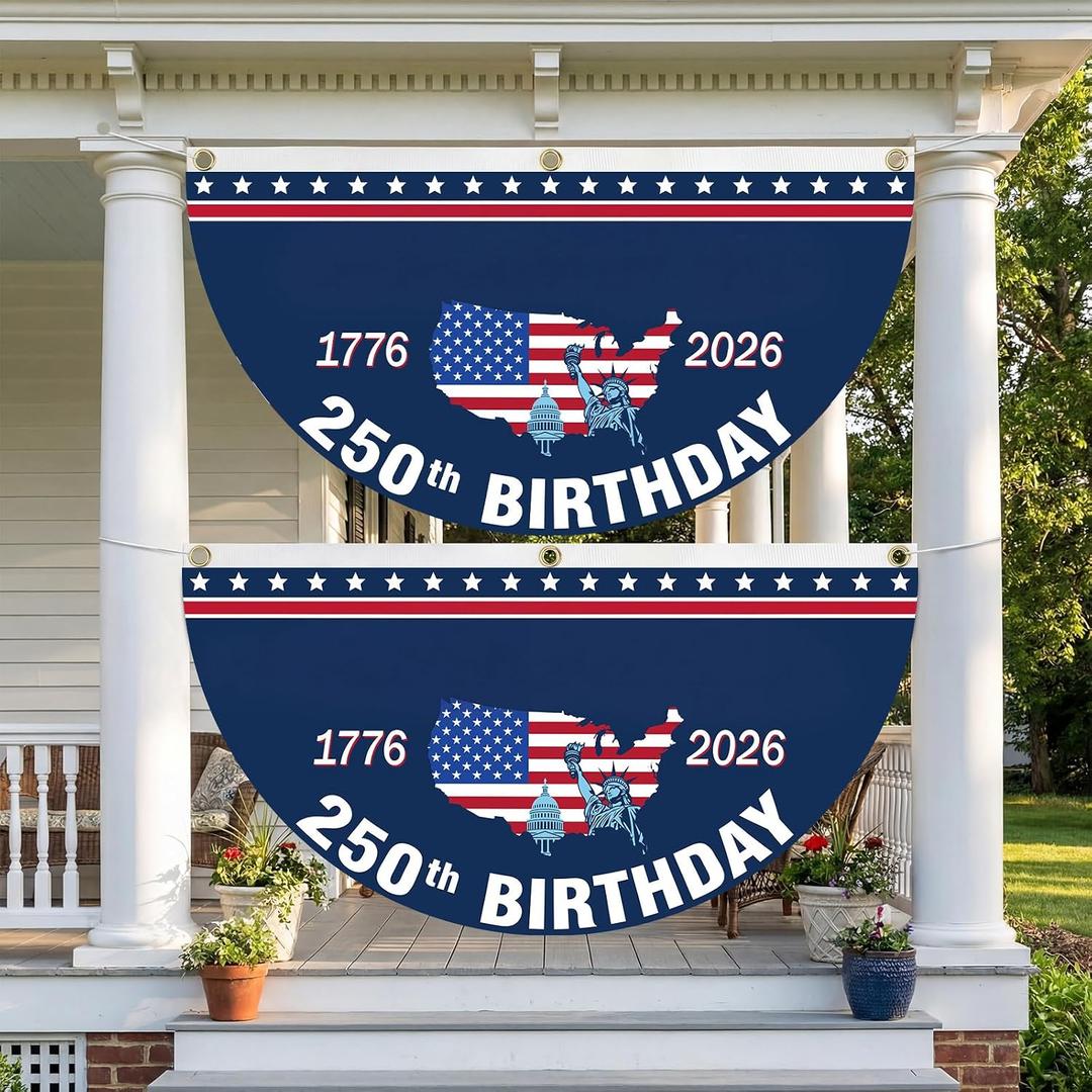 Fanfanwin 2 Pcs 6x3ft Large 250th Anniversary Bunting Flag Patriotic Star 1776-2026 Fan Flag 250th Birthday Design for Outdoor 4th of July Patriotic Independence Day Yard Home Decor