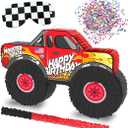 Monster Truck Piñata, 4 Piece Set, perfect for Kids Birthday Parties, Race Car Party Supplies fits piñata candy and party favors (16”X10”) durable! (Red Monster Truck)