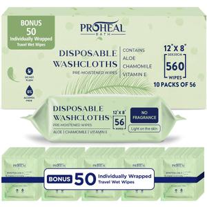 ProHeal Large Wet Wipes for Adults - Case of 10 and 50 Individually Wrapped 12""x8"" Disposable Body Wipes - Fragrance Free with Aloe, Chamomile, and Vitamin E - For Bathroom, Cleansing, and Travel