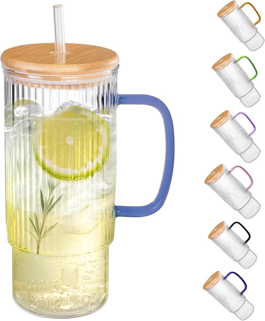32oz Ribbed Glass Cup with Handle Bamboo Lid and Straw, Glass Tumbler, Iced Coffee Cups Hot/Cold Drinks (Azure Handle)