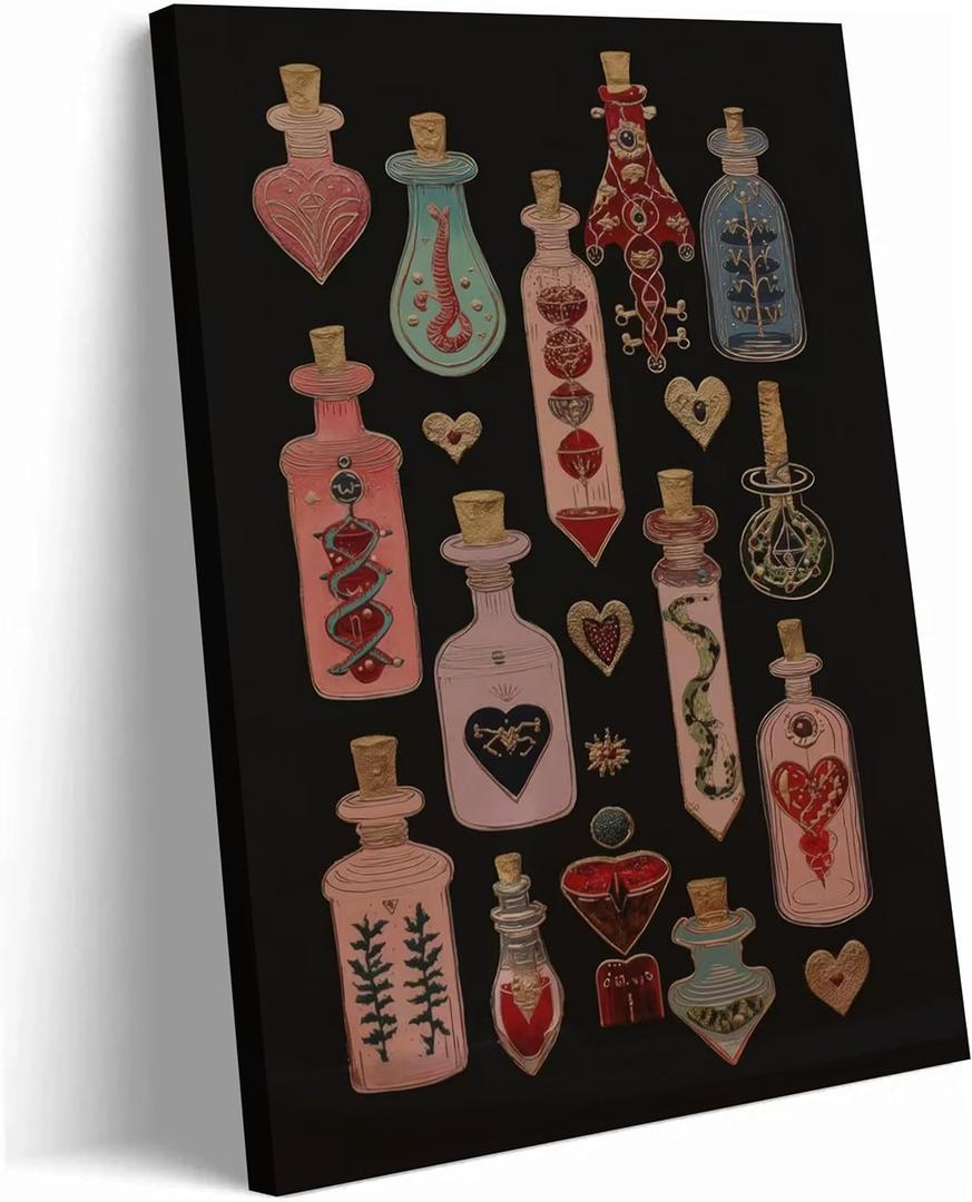 Gothic Witchy Canvas Wall Art Occult Heart Potion Bottles Picture Wall Decor Dark Academia Decor Pink Magic Maximalist Poster Tarot Aesthetic Painting Print Artwork for Living Room Bedroom Room Decor
