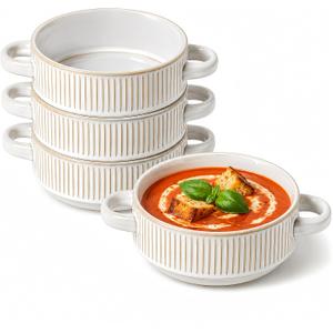 26 Oz Soup Bowls with Handles, French Onion Soup Crocks, Ceramic Soup Bowls Set of 4, Embossed Stackable Bowl for Chili, Beef Stew, Pasta, Casseroles Dish, 6 inch, Oven Dishwasher Safe