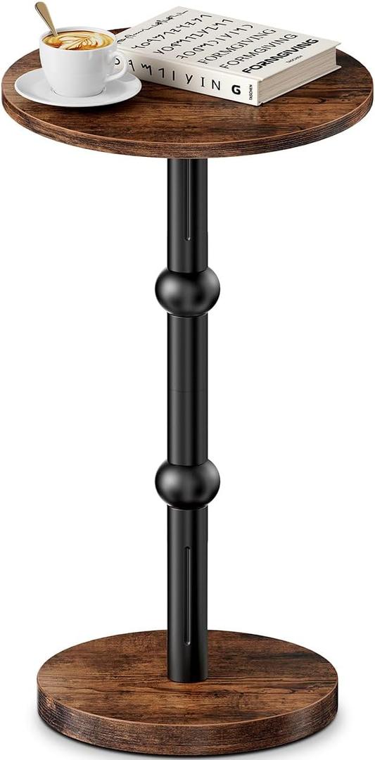 Drink Table, Small Round Side Table for Small Spaces, Modern Accent Round End Tables with Metal Leg, Thickened Wood Pedestal Coffee Tables for Living Room, Bedroom, Narrow Corners,Sofa Couch (Rustic Brown)