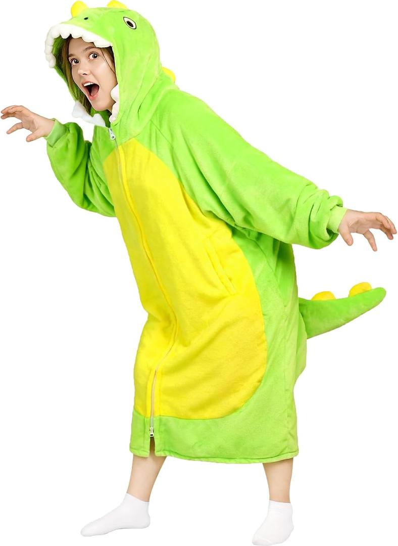 Waitu Dinosaur Wearable Blanket Hoodie Funny Halloween Costumes Gifts for Women Men Boys Girls, Zipper Hoodie Blanket Sweatshirt Cozy Unisex Flannel Dinosaur Costume Cute Gifts (Adult, Green)