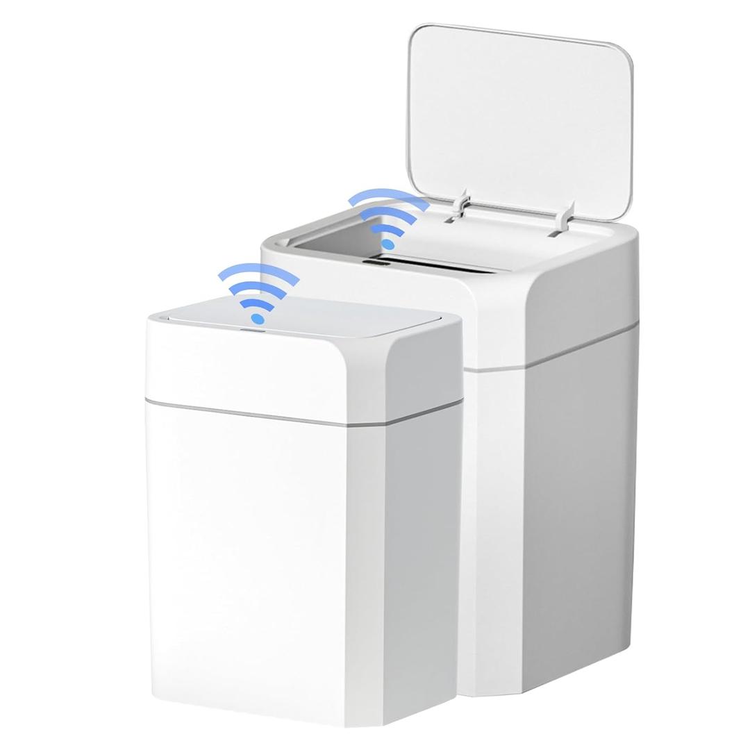 ELPHECO Bathroom Trash Can with Lid 2 Pack Motion Sensor Slim Garbage Can Waterproof Smart Small Trash Bin for Bathroom, Kitchen, Office, Bedroom, Living Room, Toilet (White, 3.5 + 4.5 Gallon)