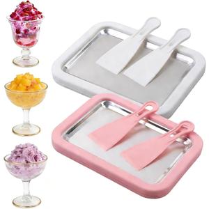 Rolled Ice Cream Maker, New At-Home Ice Cream Roller Maker, DIY Fun Family Activity Instant Ice Cream Tray with Instant Freeze Tray and 2 Scrapers(White+Pink)