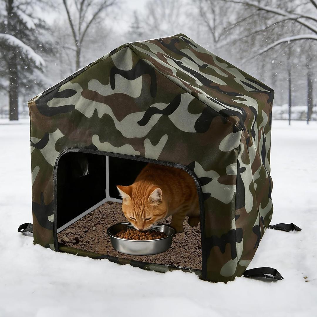 Cat Houses for Outdoor Cats,Outdoor Cat Feeding Station Warm Dining Room for Food & Water Fit for Stray & Feral Cats,Insulated Outdoors Pet House Weatherproof Feral Shelter for Winter (Green)