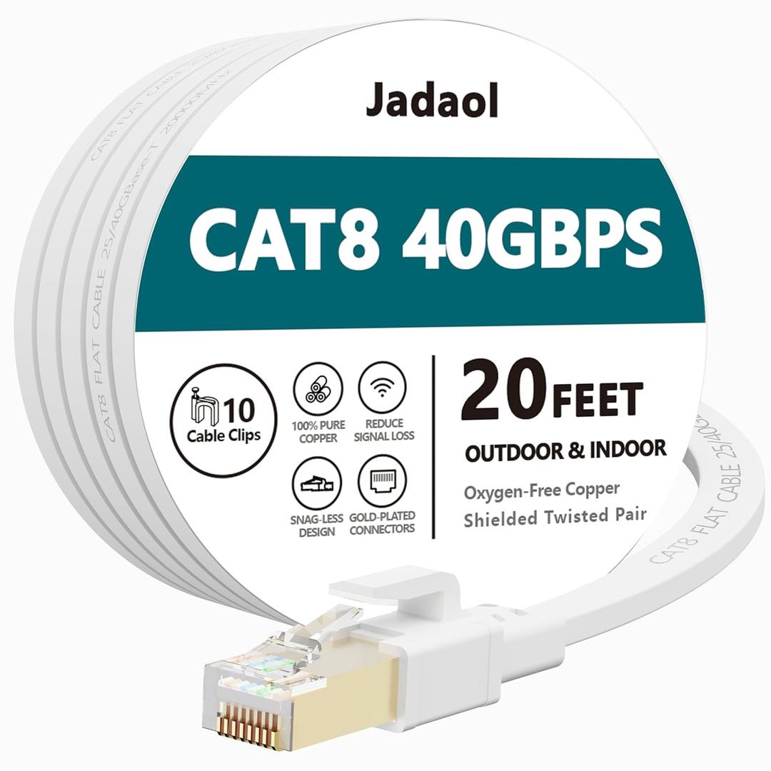 Jadaol Cat 8 Ethernet Cable 20 ft, 40Gbps 2000MHz Flat RJ45 S/FTP LAN Patch Cable, High-Speed Cat8 Network Cable for Router, Modem, Switch, Gaming Consoles, PC, Home Network & Streaming Devices, White