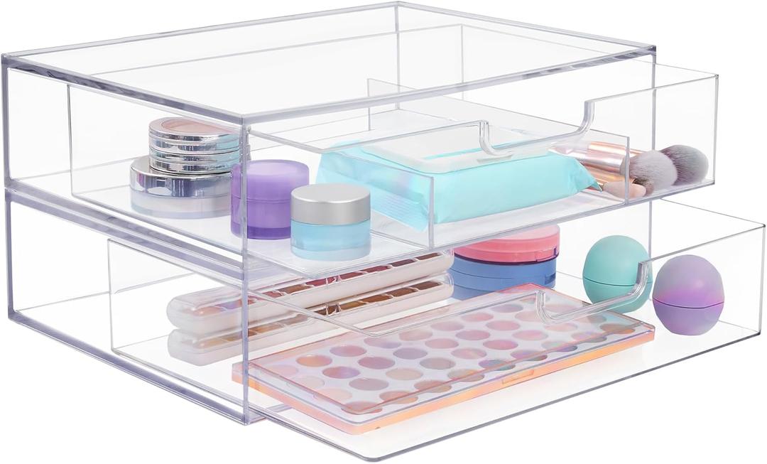 STORi Sofia 12.5 Wide Clear Stackable Open & Divided Storage Drawers, 2 Pack Plastic Organizer Bins for Makeup Palettes, Cosmetics, & Beauty Supplies, Vanity, Bathroom, Desk Organization, Made in USA