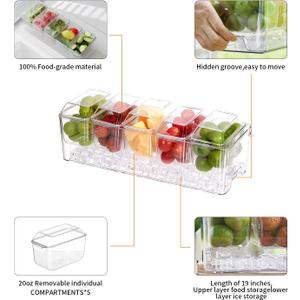 Chilled Condiment Server，Taco Bar Serving Set for Party，15.3" Condiment Serving Platters with 5 Separate Lids and Removable Compartments, Set of 5 Serving Spoons & 2 Clips (5 Containers, 1 pack)