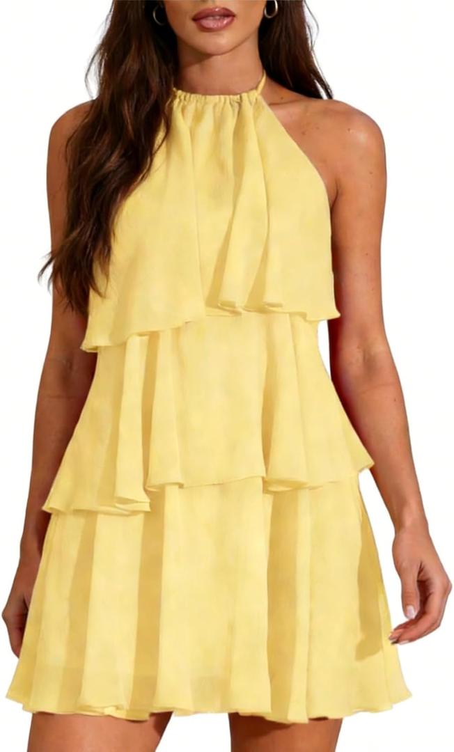 OYOANGLE Women's Sleeveless Layered Ruffle Backless Short Dress Sleeveless Ruffle Party Wedding Guest Dresses, Large, Yellow