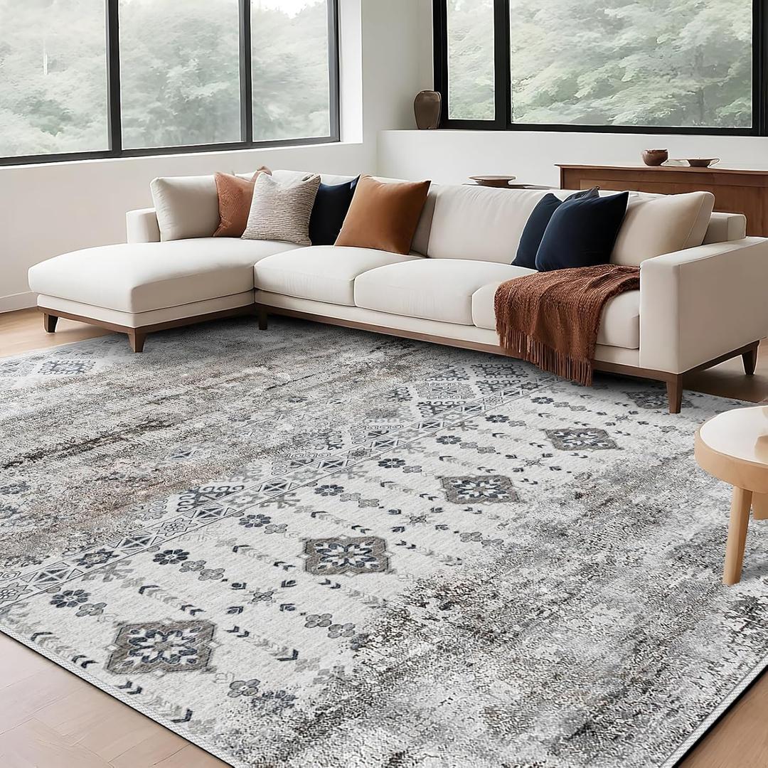 9x12 Vintage Abstract Area Rug: Large Reto Soft Washable Non-Slip Neutral Area Rugs for Living Room Bedroom Distressed Floral Stain Resistant Indoor Carpets for Dinning Room Kitchen Room Office (Blue/Grey)