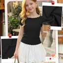 Girls Short Sleeve Shirts Lettuce Trim Boat Neck Tops Summer Casual Tee Basic Cute T-Shirts (Black,13-14 Years) (