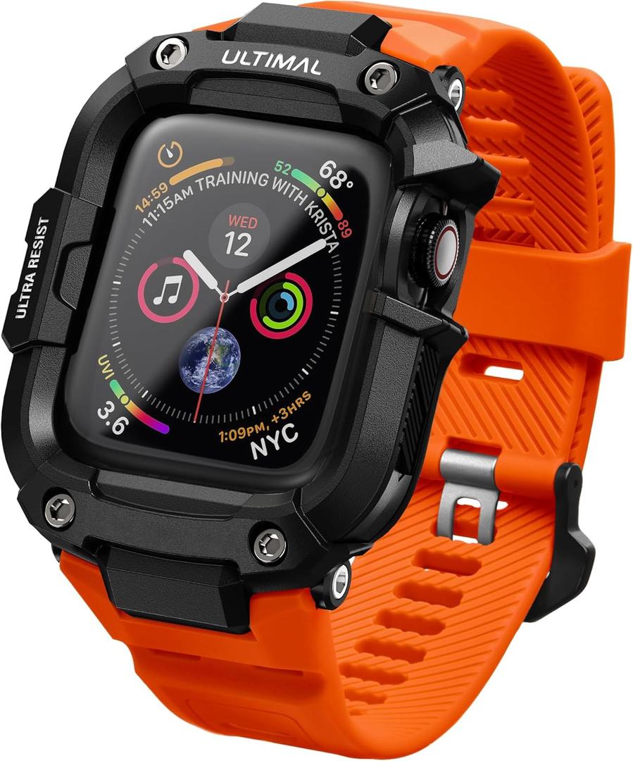 ULTIMAL Bands Case Compatible with Apple Watch 44mm SE (2nd)/SE/6/5/4 for men, with Bumper Case for Apple Watch Sport Band (Black/Orange, For 44mm)
