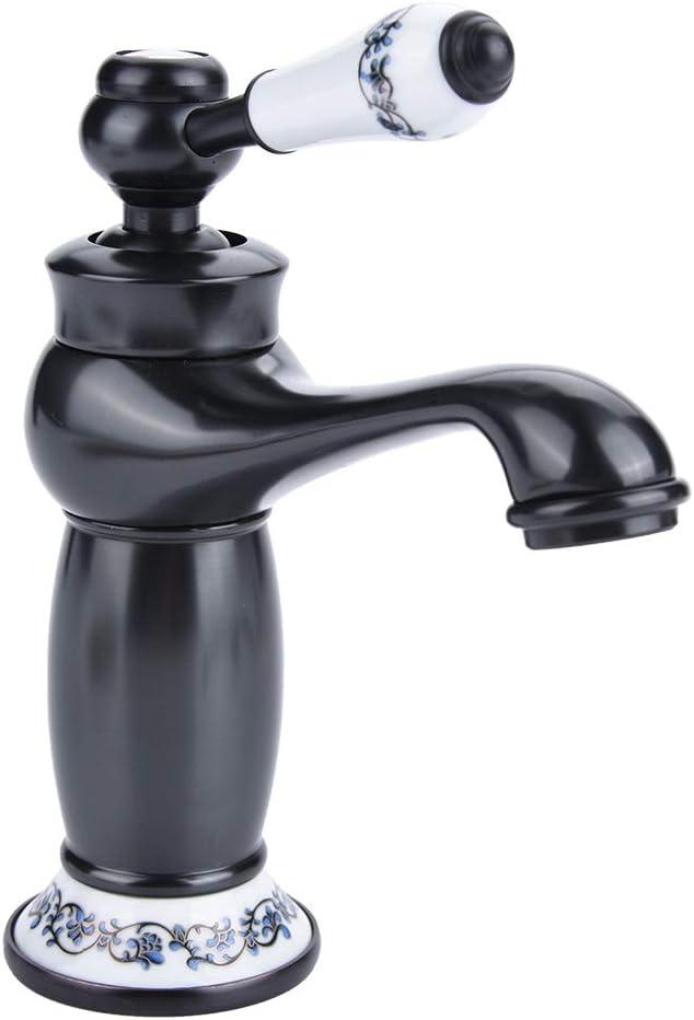Ceramic Antique Brass Faucet Bathroom Sink Faucet Blue White Porcelain Long Neck Vintage Faucet Mixer Sink Tap Kitchen Cold/Hot Water Basin Tap(Black)