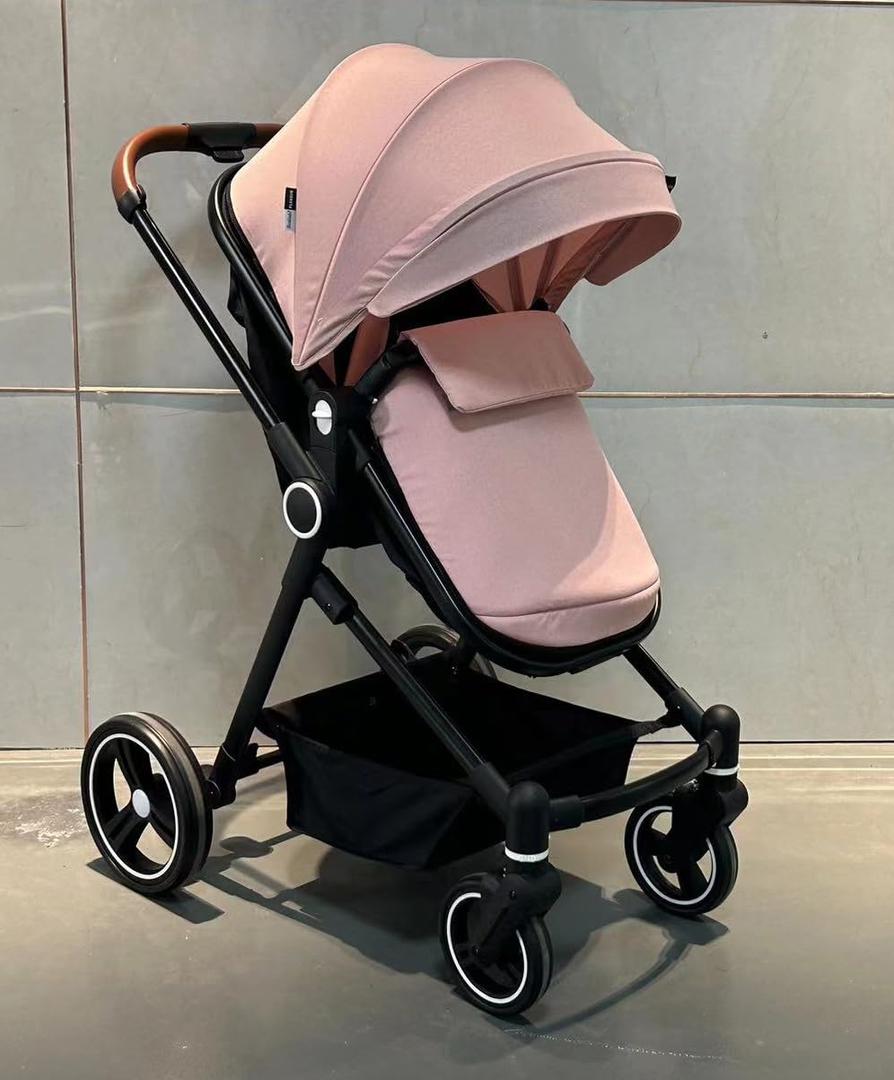 2 In1 Baby Stroller, High Landscape Infant Stroller, Reversible Bassinet Pram Stroller Baby Lightweight Stroller with Convenient One-Hand Fold, Reclining Seat, and Extra-Large Canopy, Pink