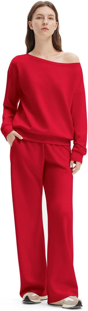 SUUKSESS Women 2 Piece Lounge Matching Set Off Shoulder Sweatshirt Wide Leg Sweatpant (Small, Red)