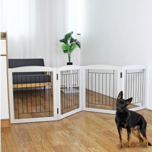 ZJSF Freestanding Foldable Dog Gate for House Extra Wide Wooden White Indoor Puppy Gate Stairs Dog Gates Doorways Tall Pet Gate 4 Panels Fence 80"W x 24"H