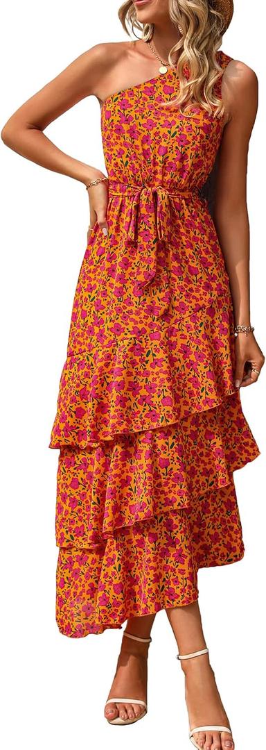 PRETTYGARDEN Women's Summer Floral Sundress Casual One Shoulder Tiered Ruffle Flowy Midi Beach Boho Dresses (Floral Orange Rose Red,Large)