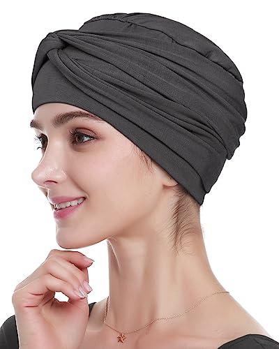 Alnorm Womens Pre Tied Bandana Chemo Cap Viscose Cancer Scarf Soft Hair Cover Dark Gray