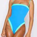 One Piece Swimsuit for Women Tummy Control Square Neck Swimwear Tie Back Bathing Suit (Blue, S)
