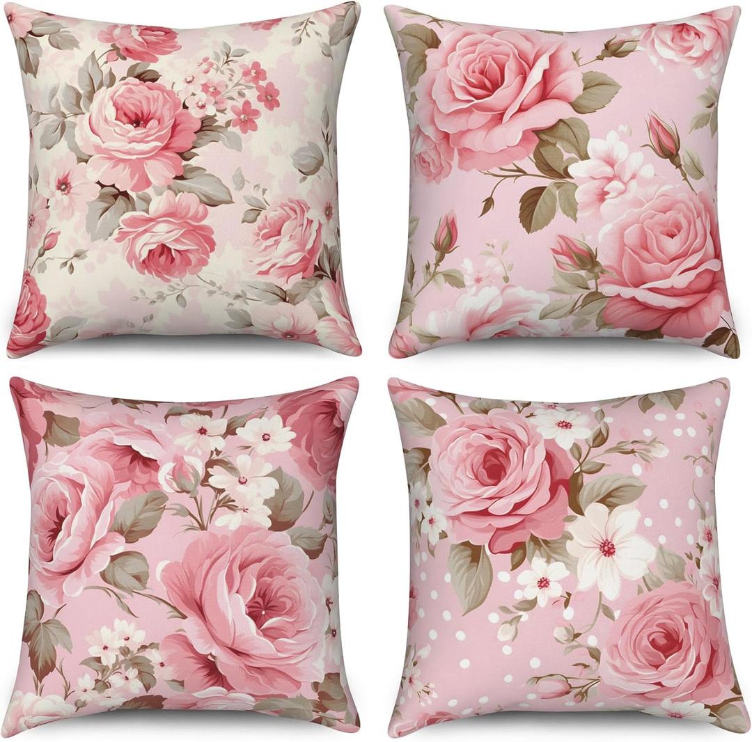 Rose Flowers Pillow Covers Pink Floral Green Leaves Set of 4 Flowering Shrub Natural Retro Cushion Covers 18x18 Watercolor Linen Square Pillowcases for Couch Sofa Bedroom Patio Farmhouse