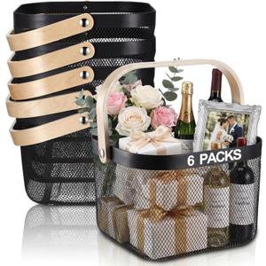 Roshtia Black Metal Mesh Basket with Wooden Handle, Square Wire Storage Basket for Pantry, Bathroom, Kitchen, Retail Display, Farmers Market Carry, 9.65 in