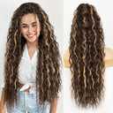 30 Inch Long Chocolate Brown with Caramel Blonde Drawstring Ponytail Extension for Women Synthetic Long Curly Wavy Clip in Ponytail Hair Extensions for Daily Party Use