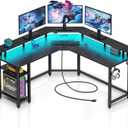 Rolanstar L Shaped Gaming Desk with LED Lights & Power Outlets, 53" Computer Desk with Full Monitor Stand & Storage Shelf, Corner Desk with Hooks, Black Desk Reversible (53*53*34.1 inch)