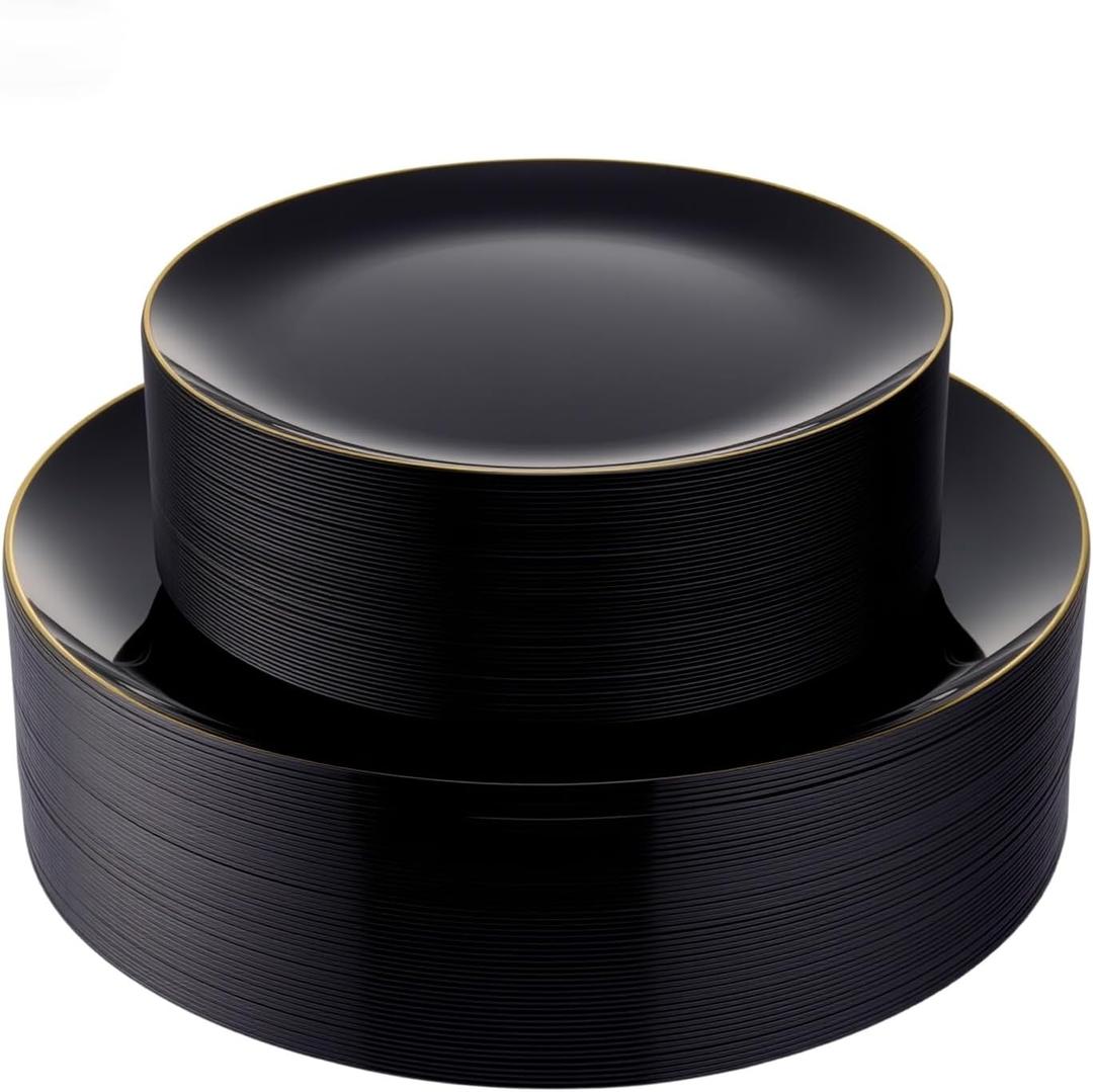 Bestluck 100PCS Black Plastic Plates with Gold Rim, Black Gold Disposable Plates for Party, Graduation and Wedding, Include 50 Dinner Plates, 50 Dessert Plates for 50 Guests