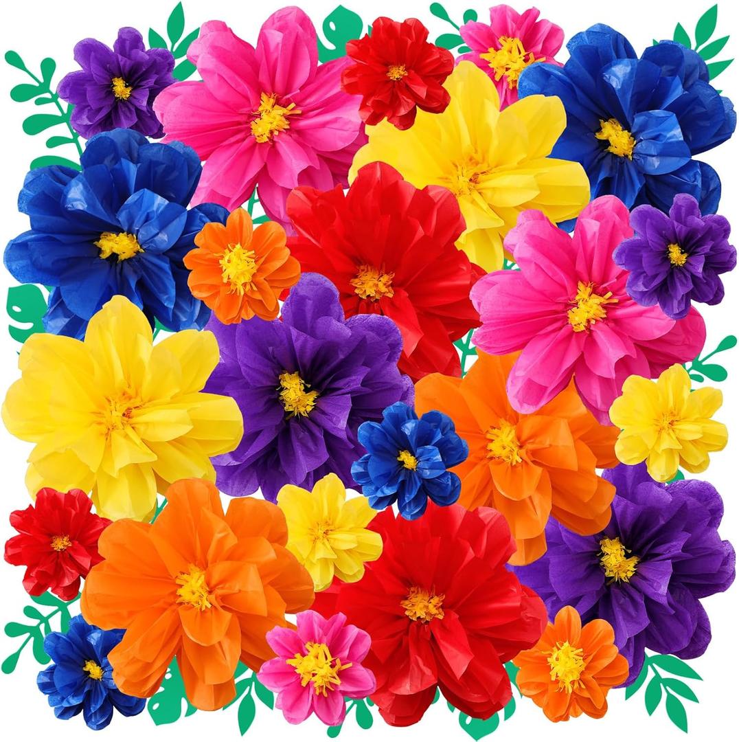 Geyee 40 Pcs Mexican Giant Paper Flowers Leaves Set, 24 Pcs Large Mexico Tissue Paper Flowers and 16 Green Leaves for Mexican Party Wedding Archway Fiesta Birthday Decoration 20" 10''