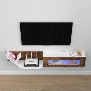 Pmnianhua Rustic Floaing TV Stand with LED Lights,74'' Wall Mounted Media Console,Floating Entertainment Center,Floating Shelf with Glass Door and Storage for Under TV Projector