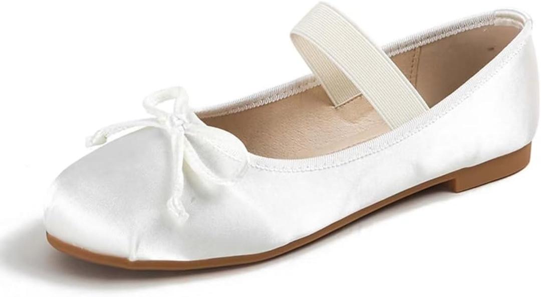 JOEupin Women's Pink Ballet Flats with Bow - Comfortable & Lightweight Shoes | Ballet Flats with Strap | Non-Slip Sole & Cushioned Arch Support Slip-On Shoes for Wedding/Work (8, White)