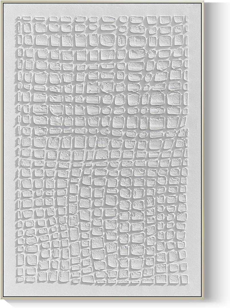 GeekMacro Hand Painted White Textured Abstract Oil Painting Wall Art Modern Large Framed Artwork for Living Room Hallway 46x31 Vertical Wall Decor