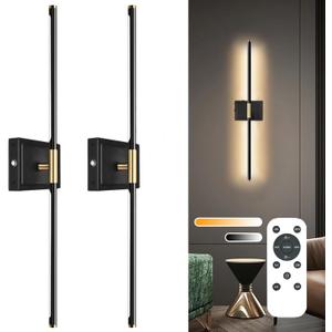 Wall Sconces Set of 2 Battery Operated, 8000mAh USB Rechargeable Wall Sconce with Remote Control, 360Rotate Dimmable 3000K-6000K LED Dimmable Picture Lamp for Living Room, Bedroom, Hallway (32inch) (Black Gold)