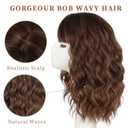 Lativ Brown Highlight Wigs for Women Short Wavy Curly Bob Wig with Bangs Shoulder Length 14 Inches Synthetic Hair for Daily Party Use