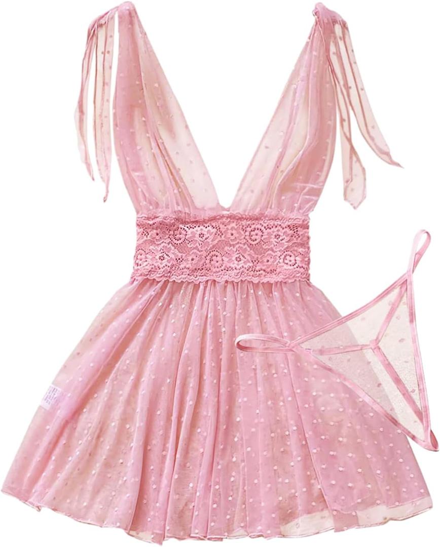 Sexy V Neck Slip Mesh Polka Dots Floral Lace Sheer Exotic Babydoll Lingerie Dress 2 Piece (Small, Pink)