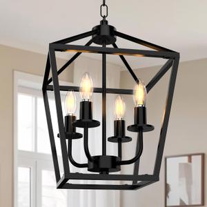 Farmhouse Lantern Chandelier 4-Light, Industrial Black Ceiling Light Fixture with Rustic Open Cage and Adjustable Hanging Height, E12 Base for Kitchen Island, Dining Room, Entryway, Foyer