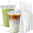 Ginkgo 100 Pack 24oz Clear Plastic Cups with Lids and Straws - Disposable Iced Coffee Cups for Smoothies, Lemonade