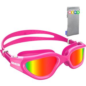 OMID Kids Swim Goggles, P2mini Polarized Swimming Goggles Comfortable for Age 6-14 (B1-mirrored Red Lens Rose Frame)