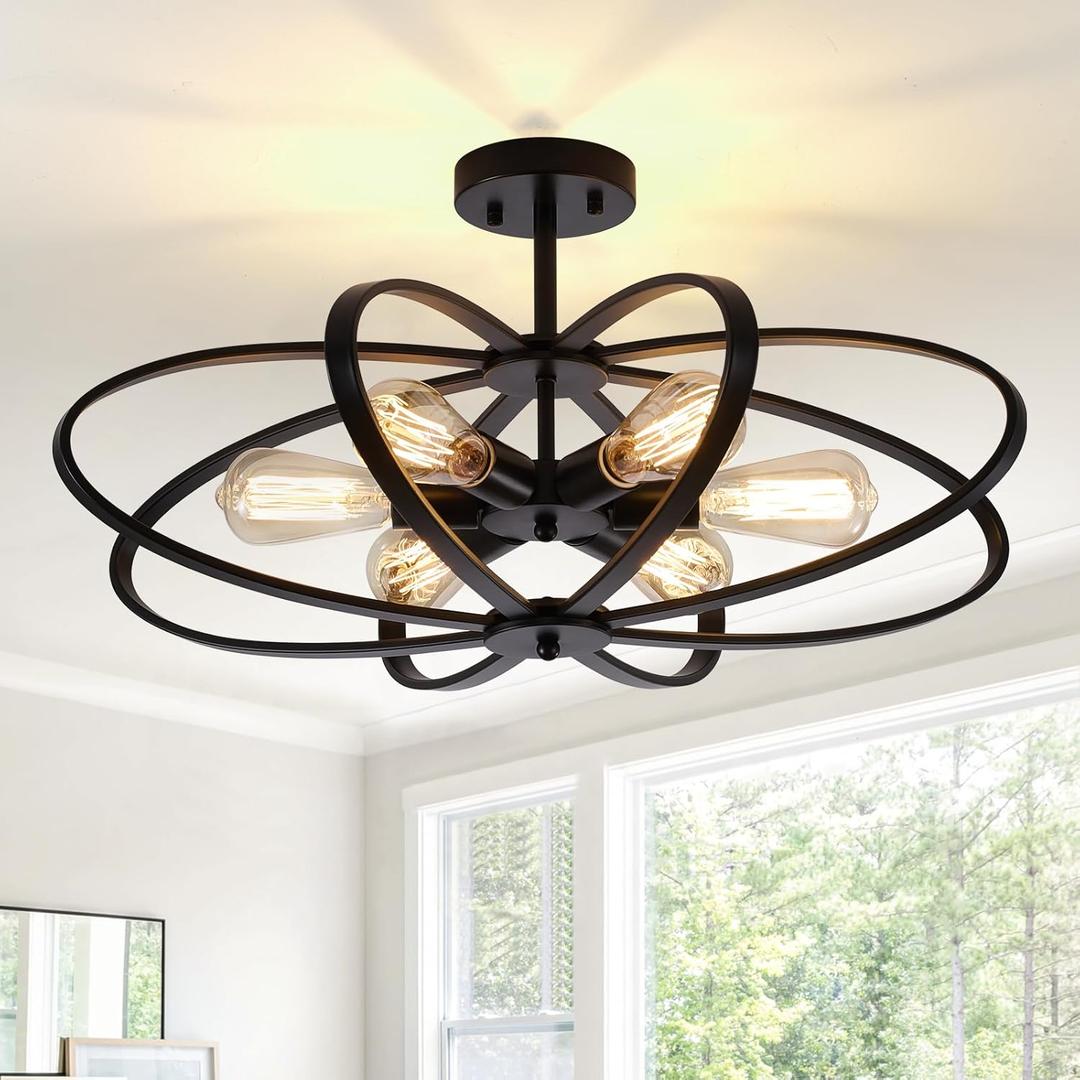 Semi Flush Mount Ceiling Light Fixture Chandelier 6-Light Kitchen Ceiling Lights 25'' Black Farmhouse Chandelier Style Flower Shape Light Fixture Bedroom for Foyer,Entryway,Living Room