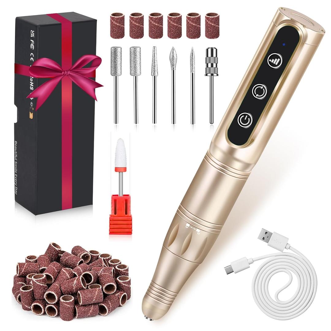 LIERKISS Nail Drill Cordless Professional E Filer for Nails 32000RPM Electric Nails Drill Kit Nail Drill Professional Wireless Nail File Drill Rechargeable Electric Nail File for Acrylic Gel Nails (02gold)