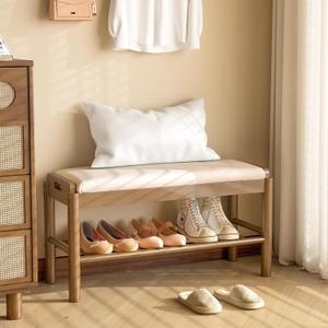 Shoe Storage Bench with Cushion - 2 Tier Shoe Rack for Front Door Entrance, Wood Shoes Rack, Entryway Bench with Shoes Storage for Closet,Hallway,Bedroom&Living Room(Walnut, 31.5" W)